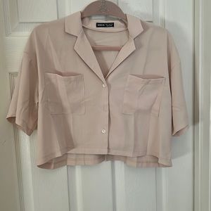 Tan Cropped Short Sleeve Button Up